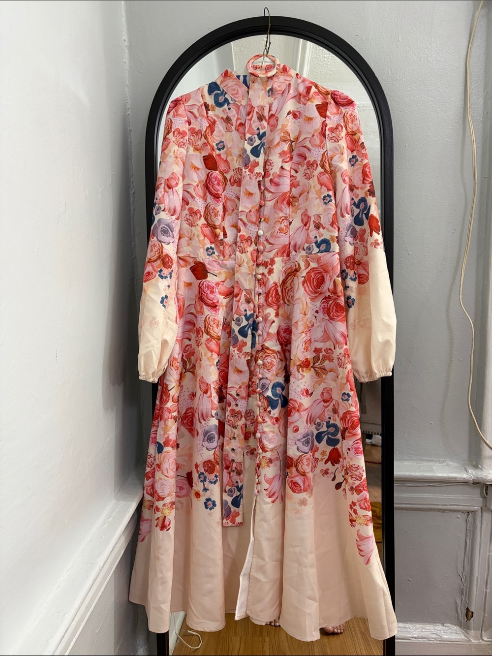Pink Floral Long-Sleeve Maxi Dress with V-Neck Tie